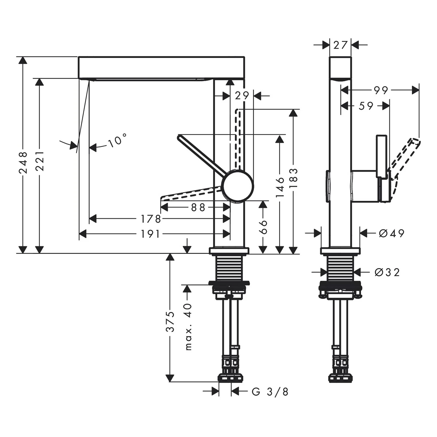 Rysunek techniczny baterii umywalkowej z wymiarami, hansgrohe