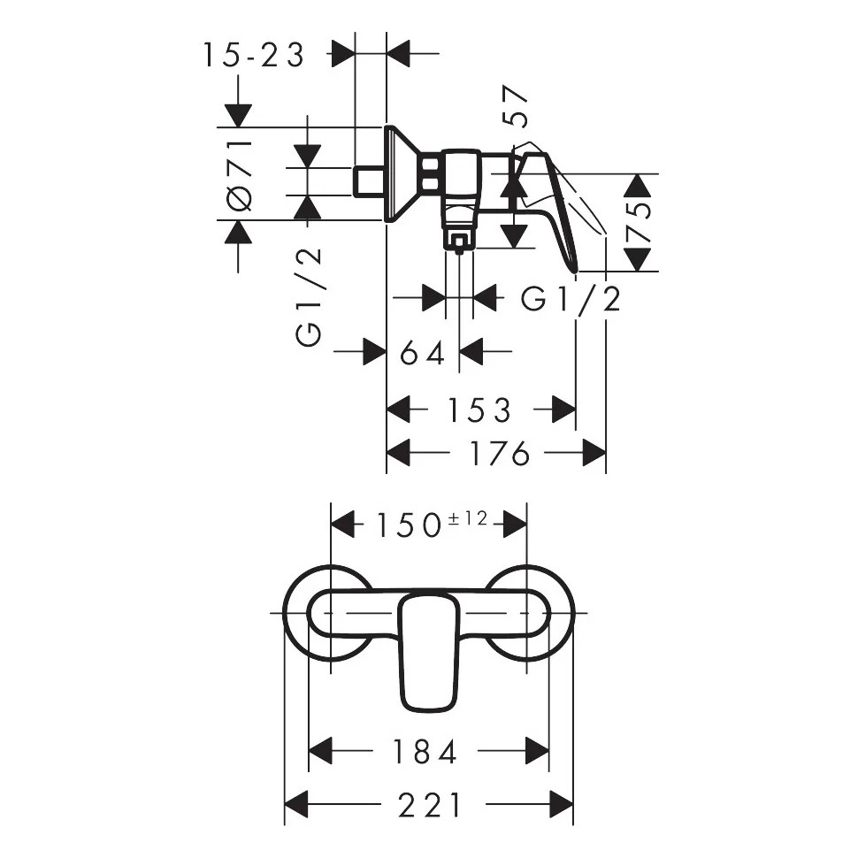 Rysunek techniczny mieszacza prysznicowego z wymiarami, hansgrohe