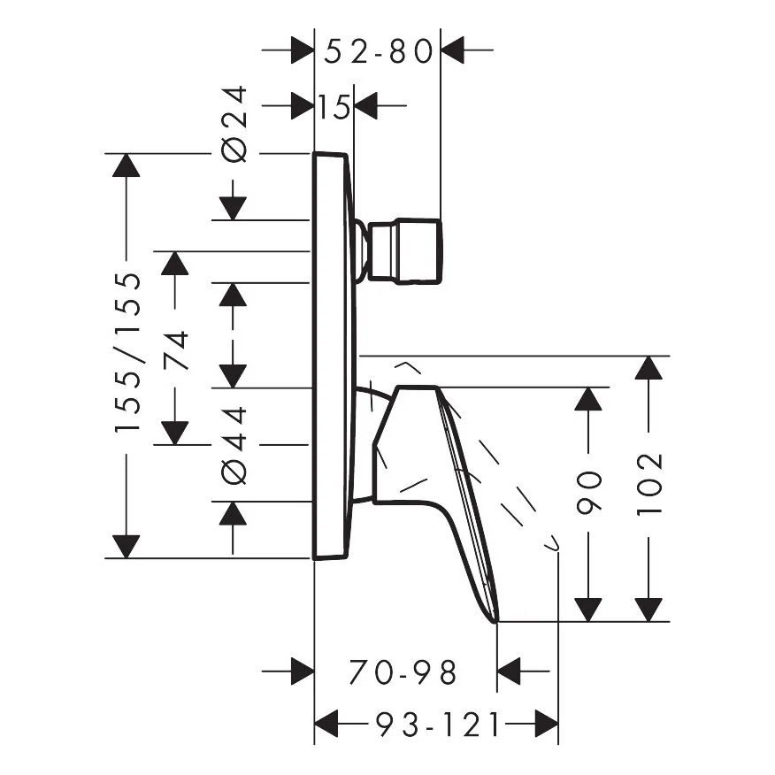 Rysunek techniczny mieszacza wannowego z wymiarami, hansgrohe