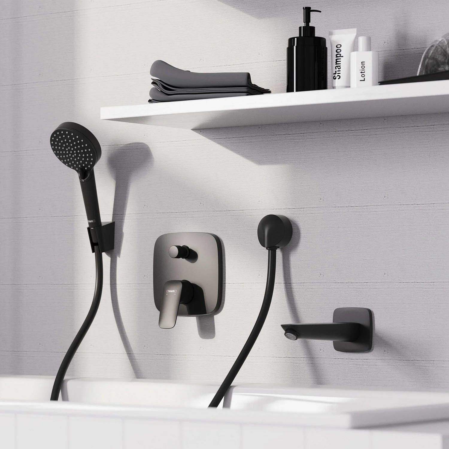 Bateria łazienkowa z wylewką wannową w nowoczesnej łazience, hansgrohe