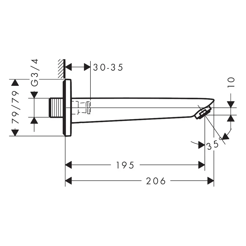 Rysunek techniczny wylewki wannowej z wymiarami, hansgrohe