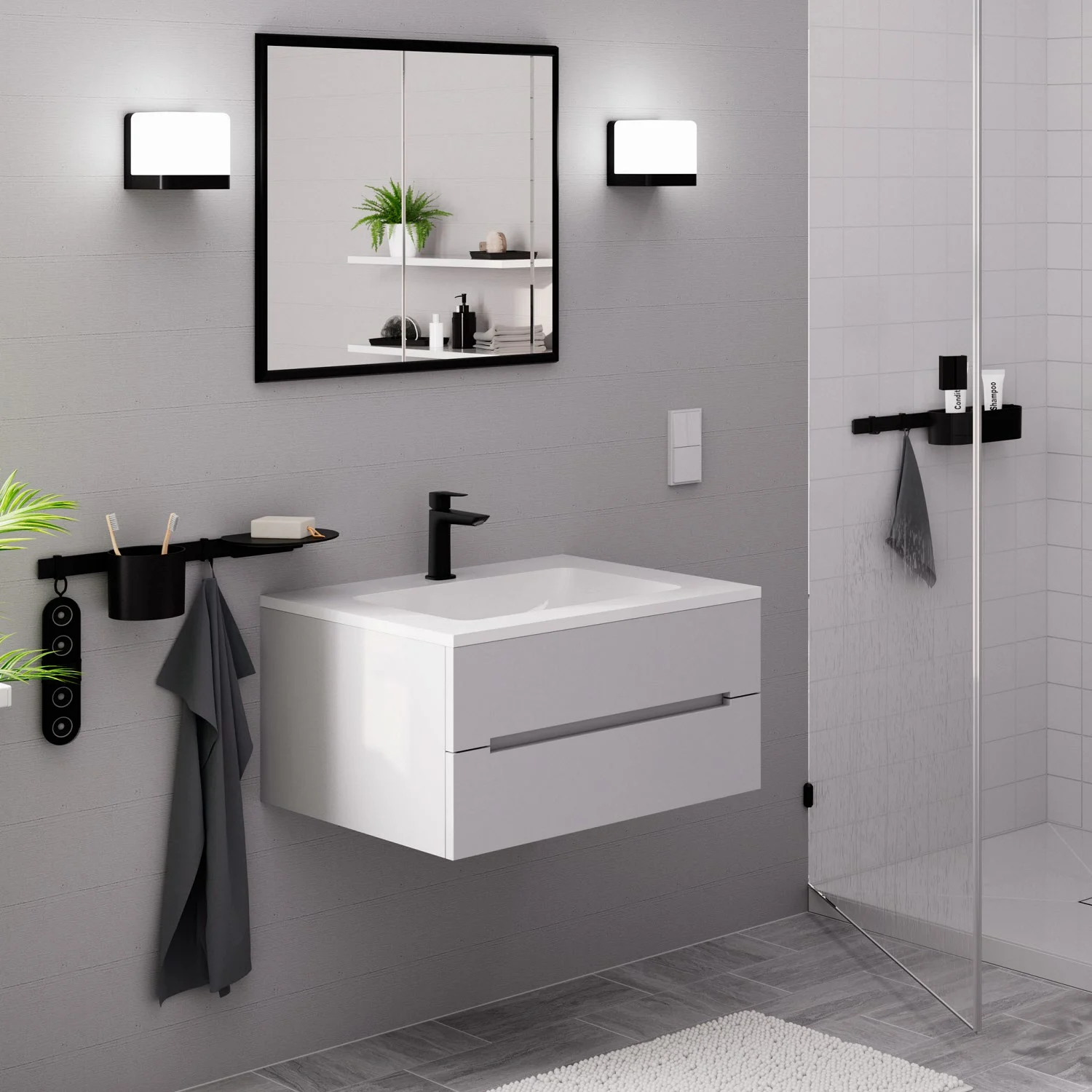 Nowoczesna łazienka z umywalką i lustrem, hansgrohe