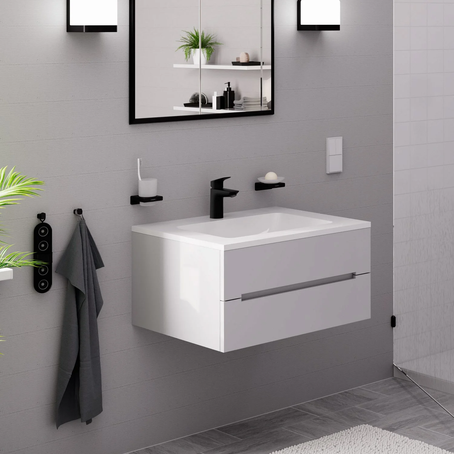 Łazienka z umywalką i lustrem, hansgrohe