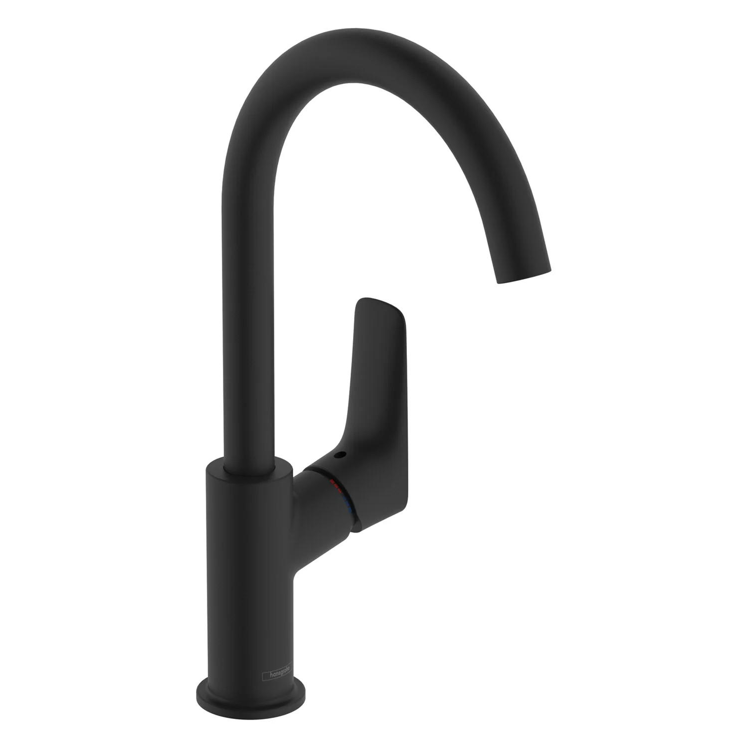 Czarna bateria umywalkowa w widoku z boku, hansgrohe