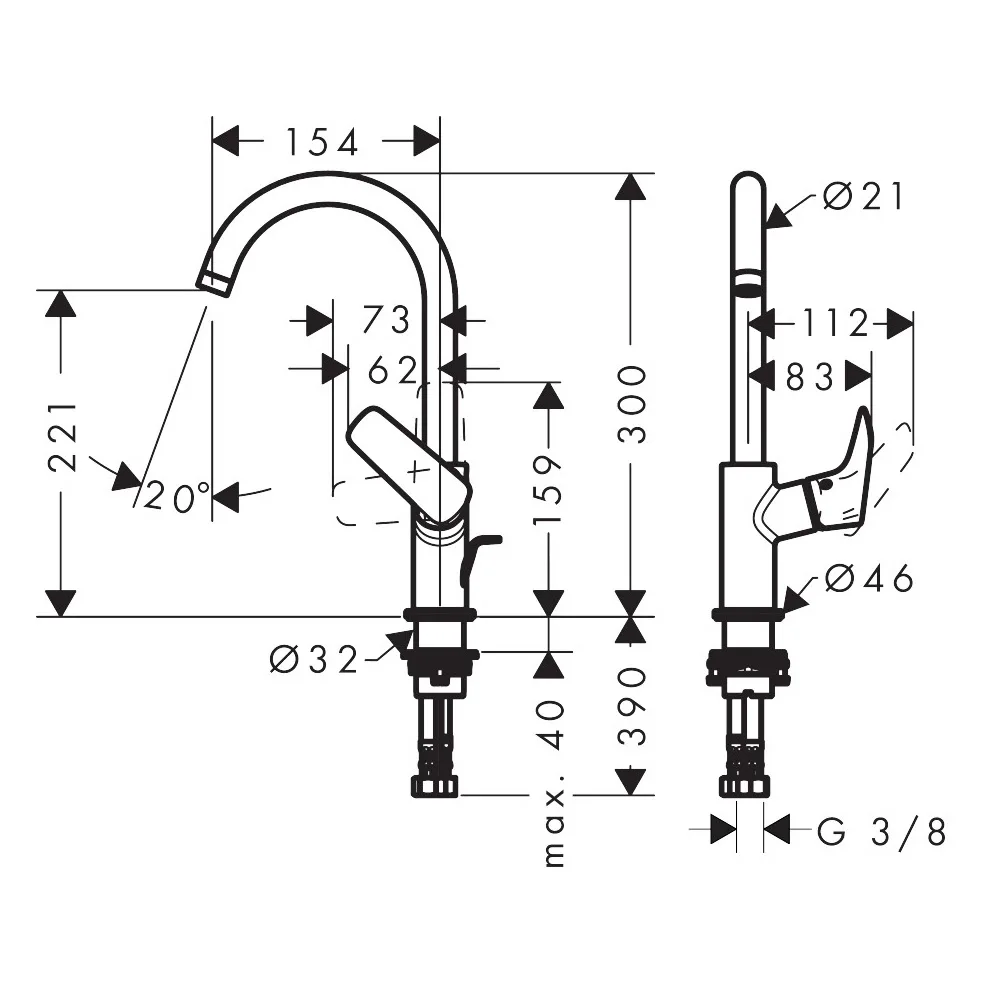 Rysunek techniczny baterii umywalkowej z wymiarami, hansgrohe