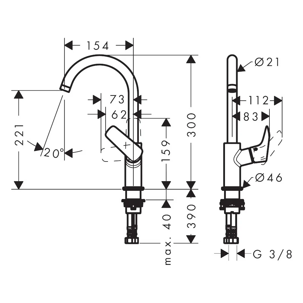 Rysunek techniczny baterii umywalkowej z wymiarami, hansgrohe