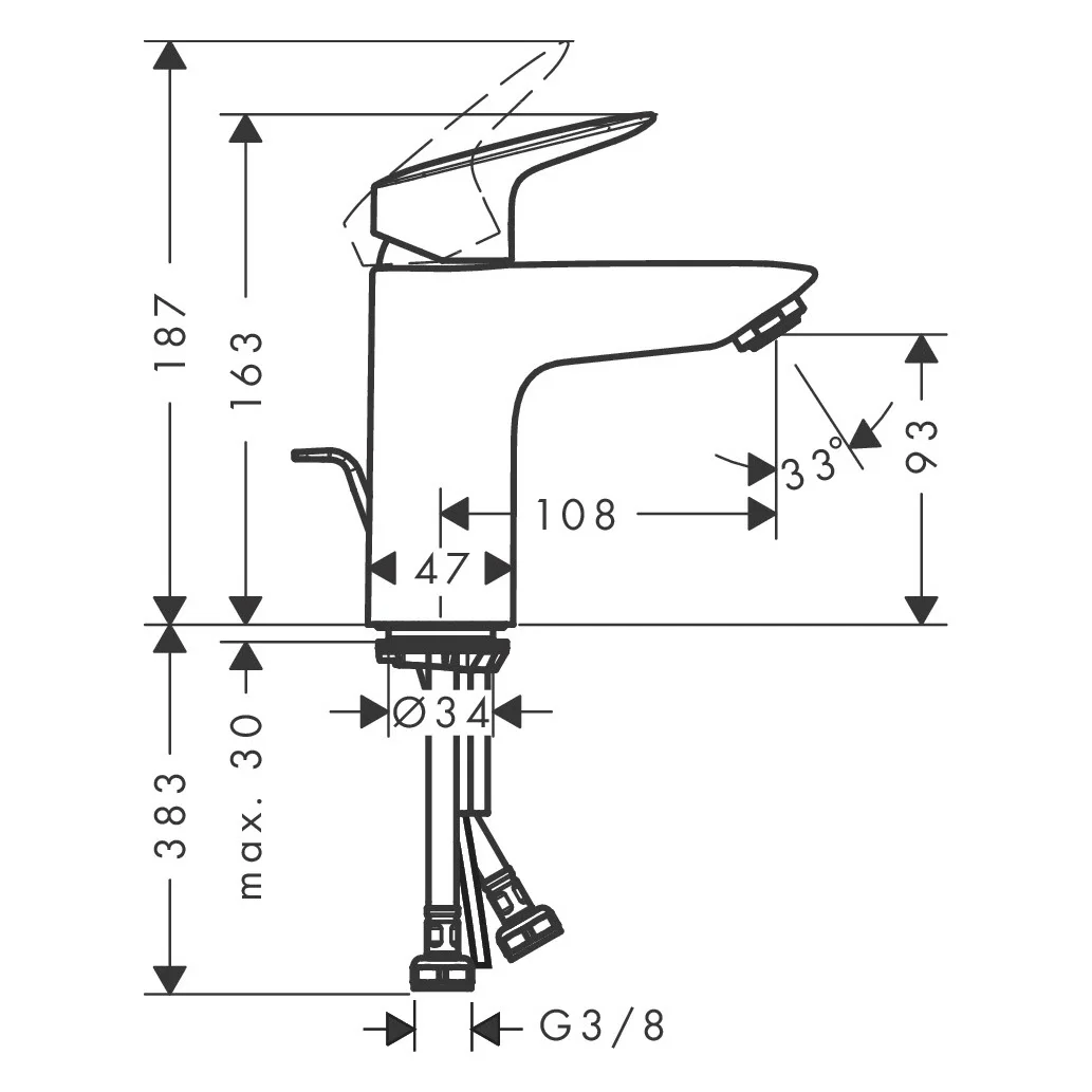 Rysunek techniczny baterii umywalkowej z wymiarami, hansgrohe