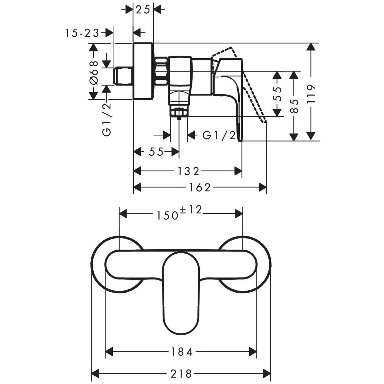 Rysunek techniczny baterii prysznicowej z wymiarami, hansgrohe