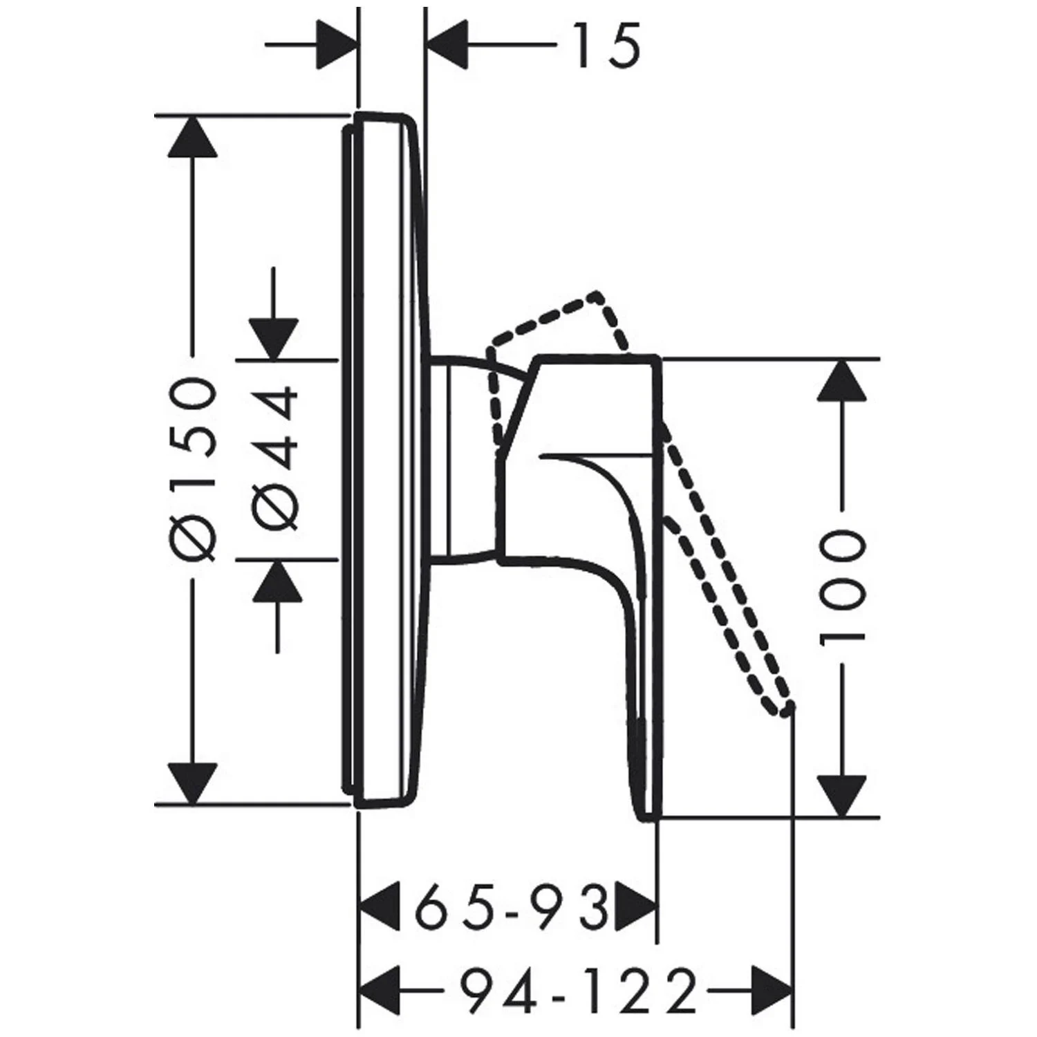 Rysunek techniczny baterii prysznicowej z wymiarami, hansgrohe