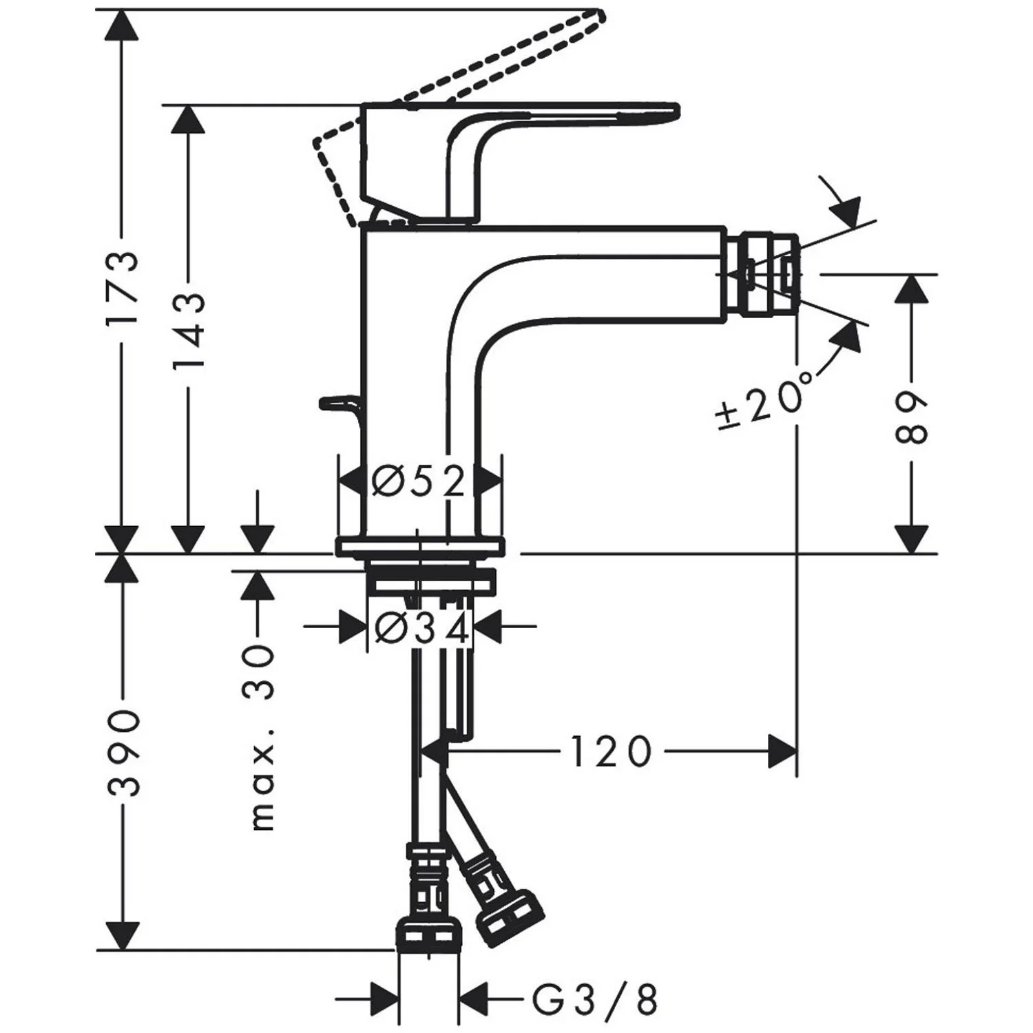 Rysunek techniczny mieszacza bidetowego z wymiarami, hansgrohe