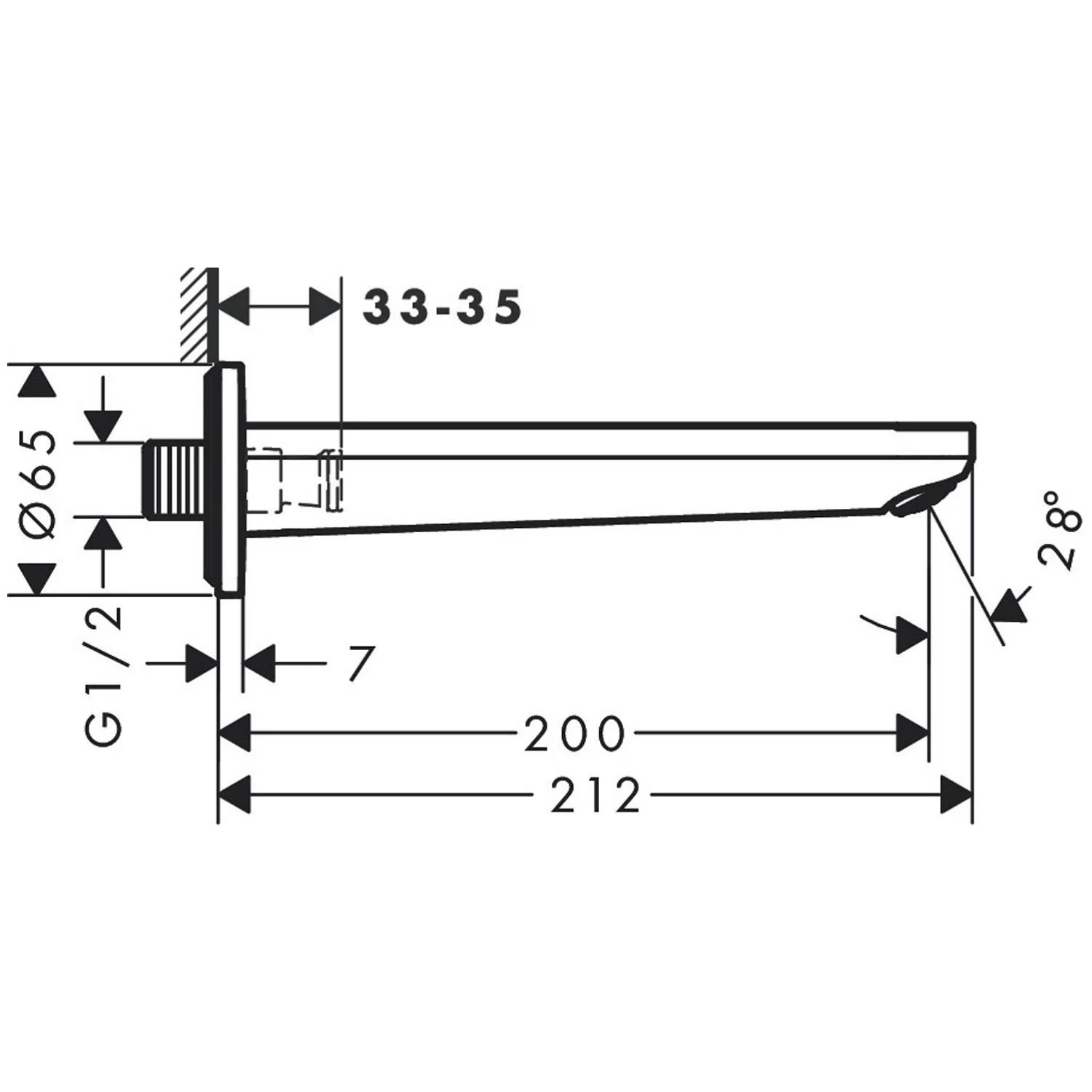 Rysunek techniczny wylewki wannowej z wymiarami, hansgrohe