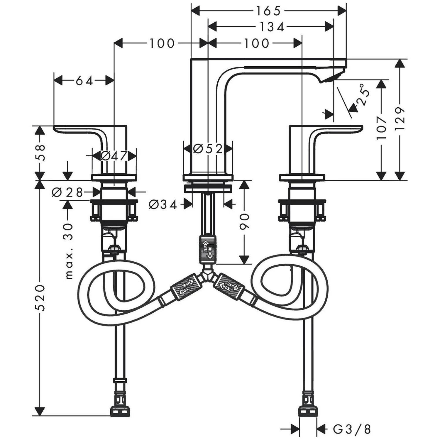Rysunek techniczny baterii umywalkowej 3-otworowej z wymiarami, hansgrohe