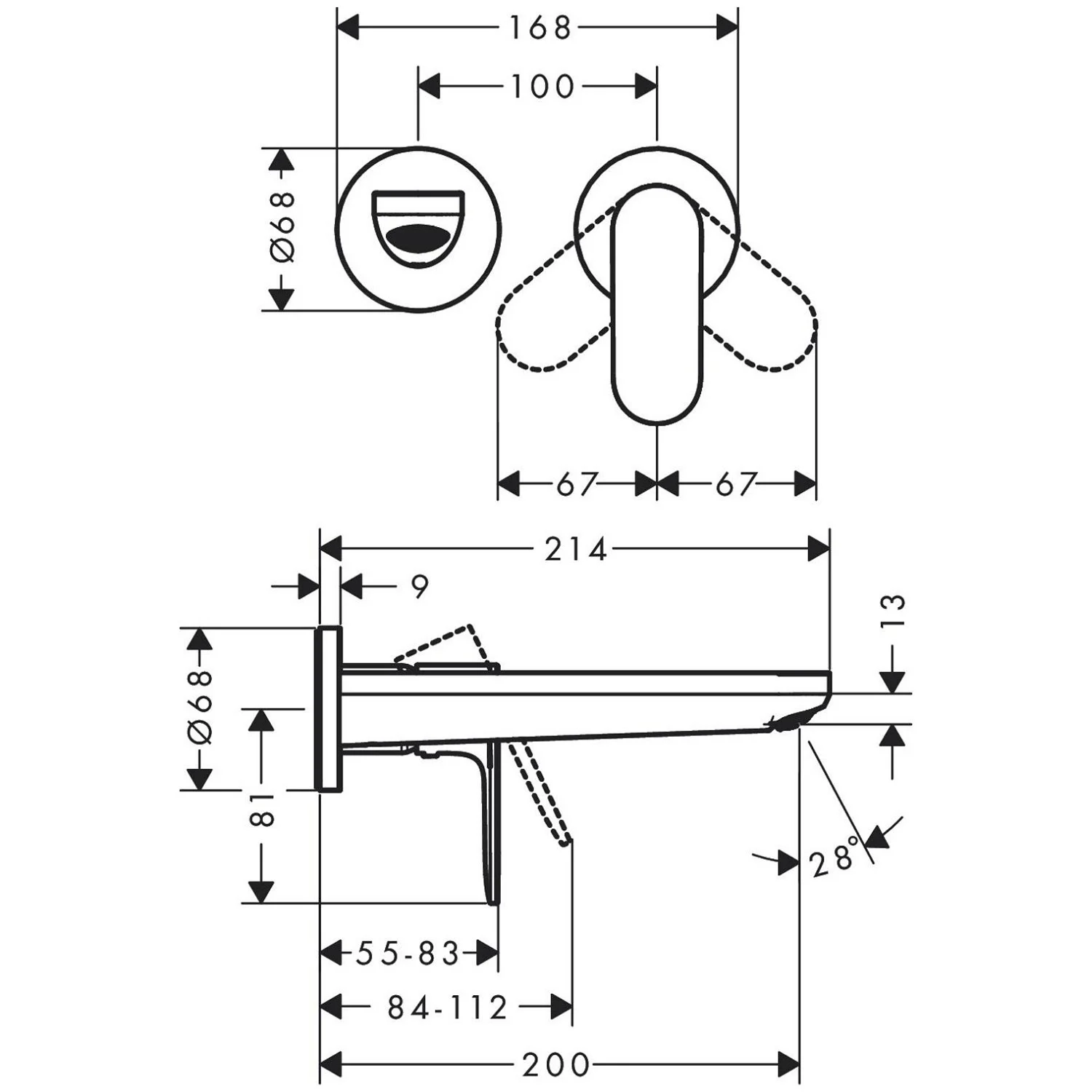 Rysunek techniczny baterii umywalkowej z wymiarami, hansgrohe