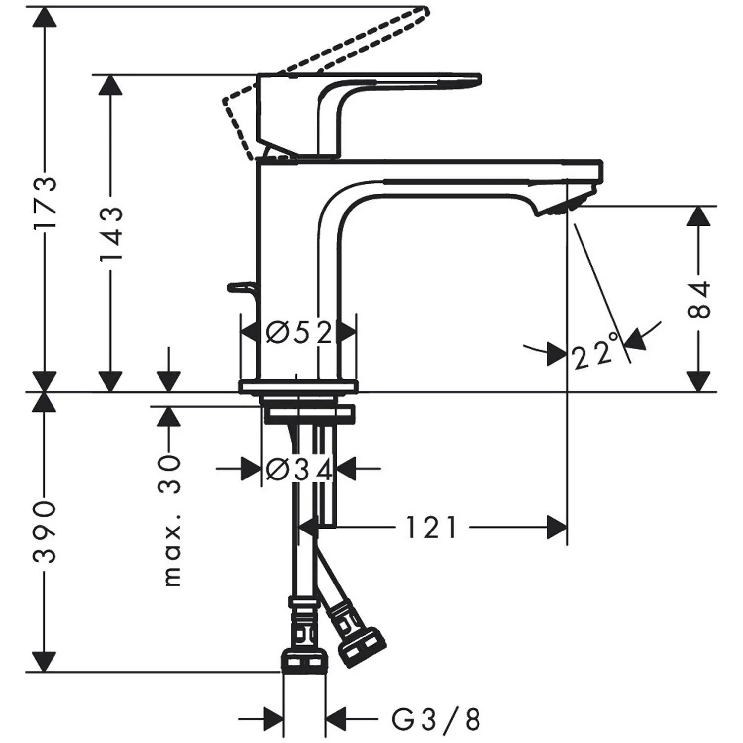 Rysunek techniczny baterii umywalkowej z wymiarami, hansgrohe