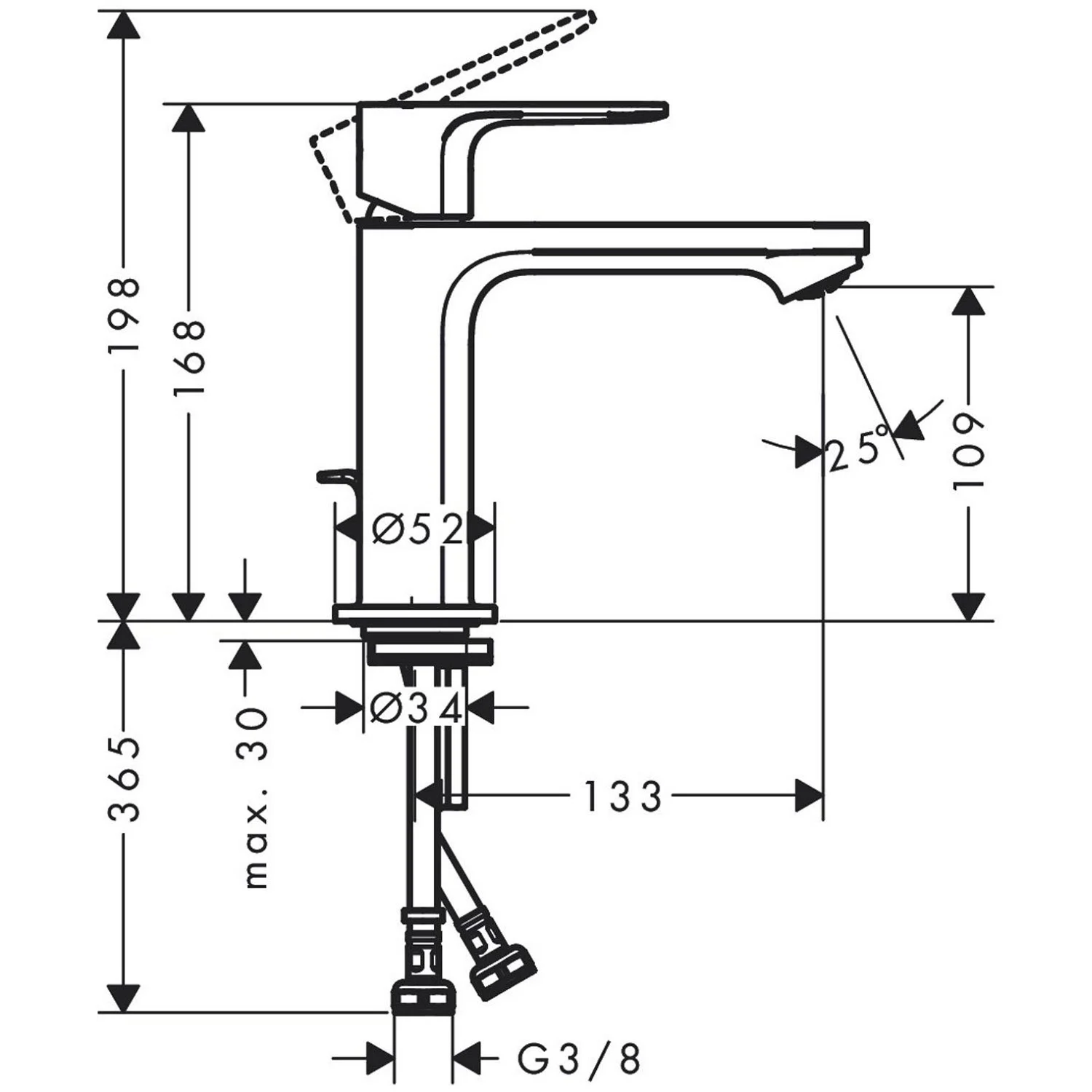 Rysunek techniczny baterii umywalkowej z wymiarami, hansgrohe