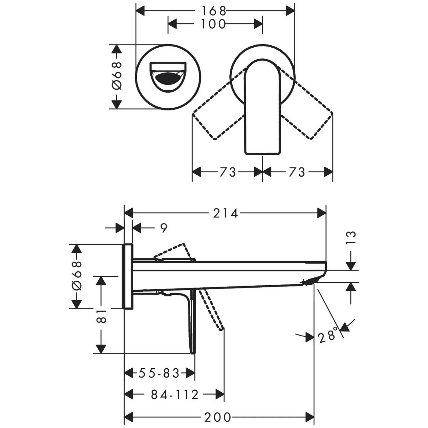 Rysunek techniczny baterii umywalkowej z wymiarami, hansgrohe