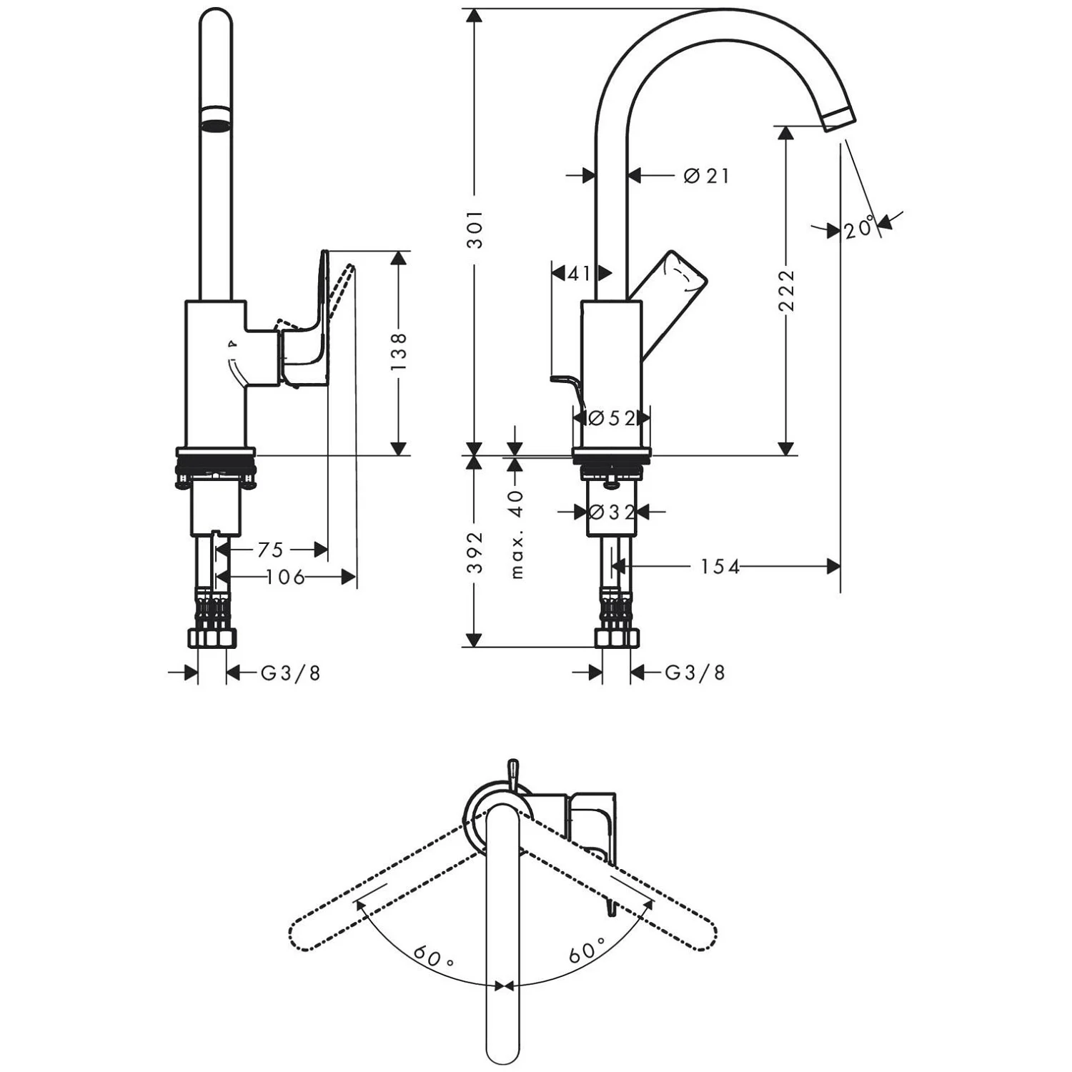Rysunek techniczny baterii umywalkowej z wymiarami, hansgrohe
