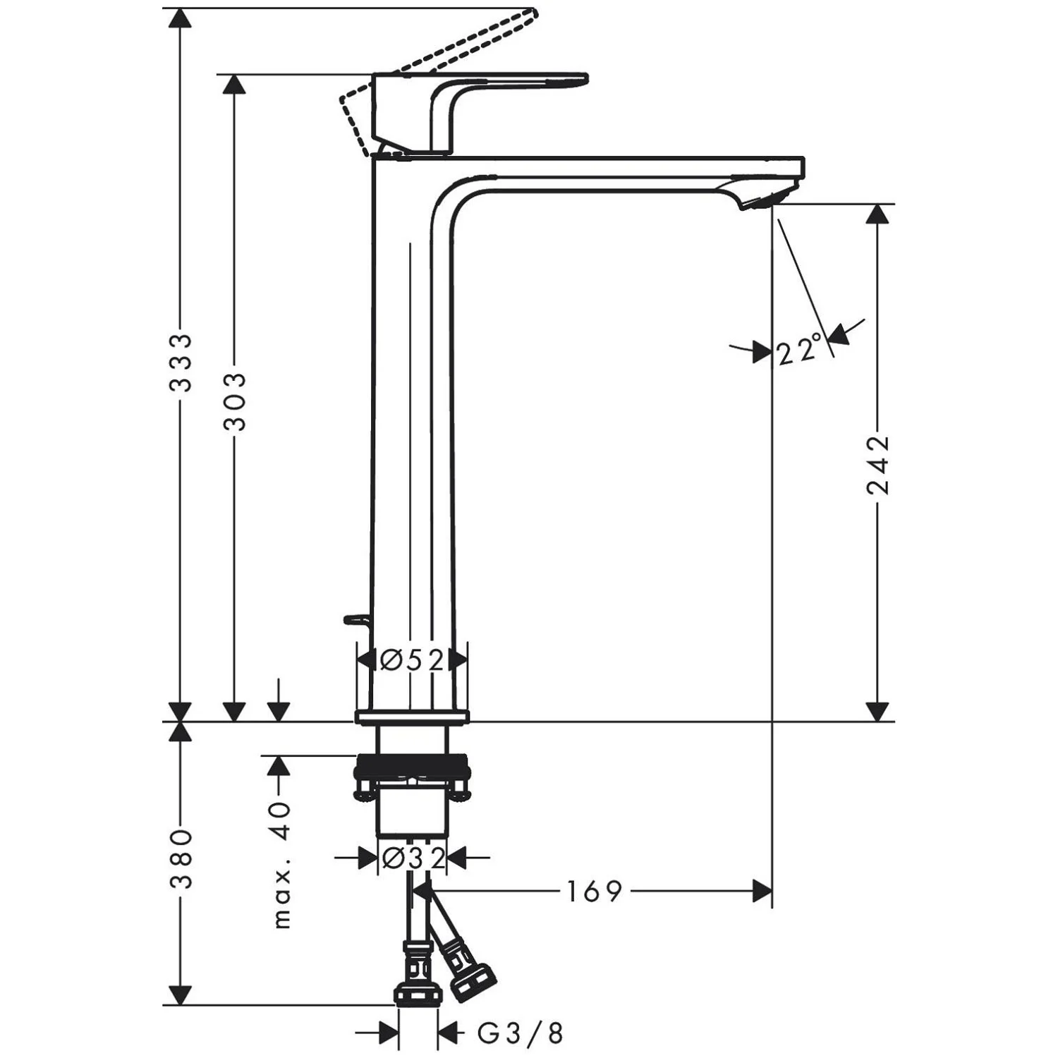Rysunek techniczny baterii umywalkowej z wymiarami, hansgrohe