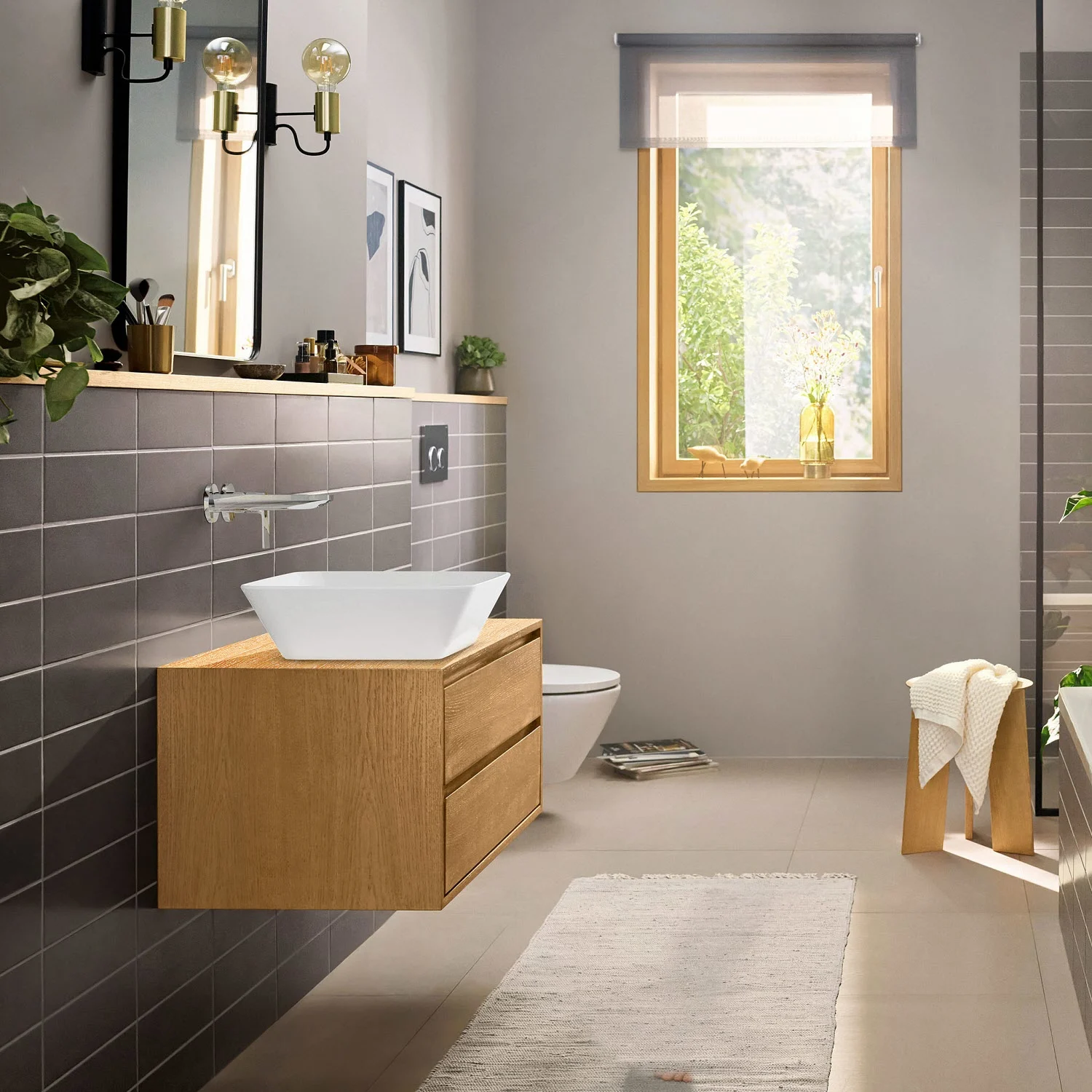 Nowoczesna łazienka z umywalką i oknem, hansgrohe