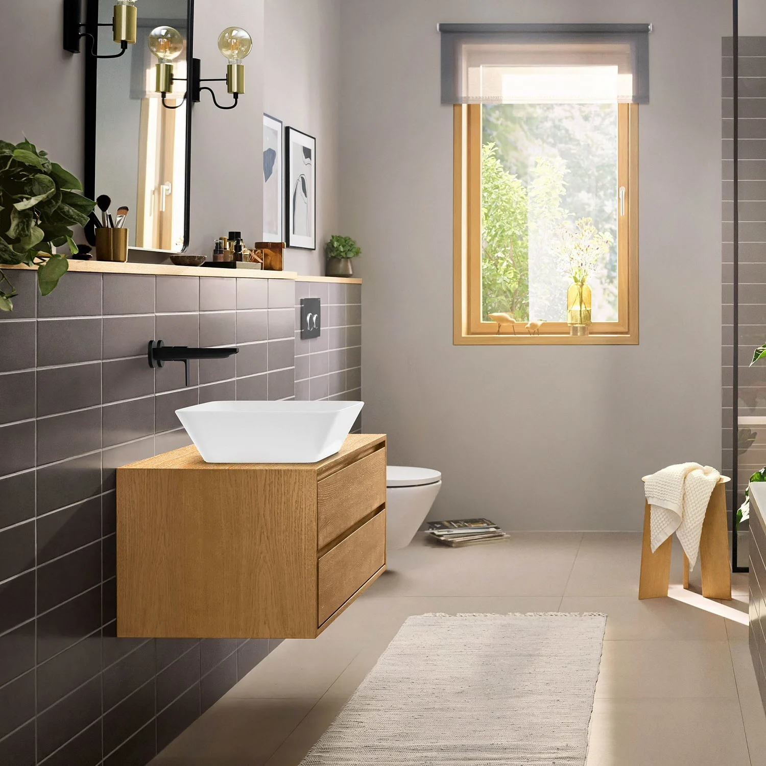 Łazienka z umywalką i baterią ścienną, hansgrohe