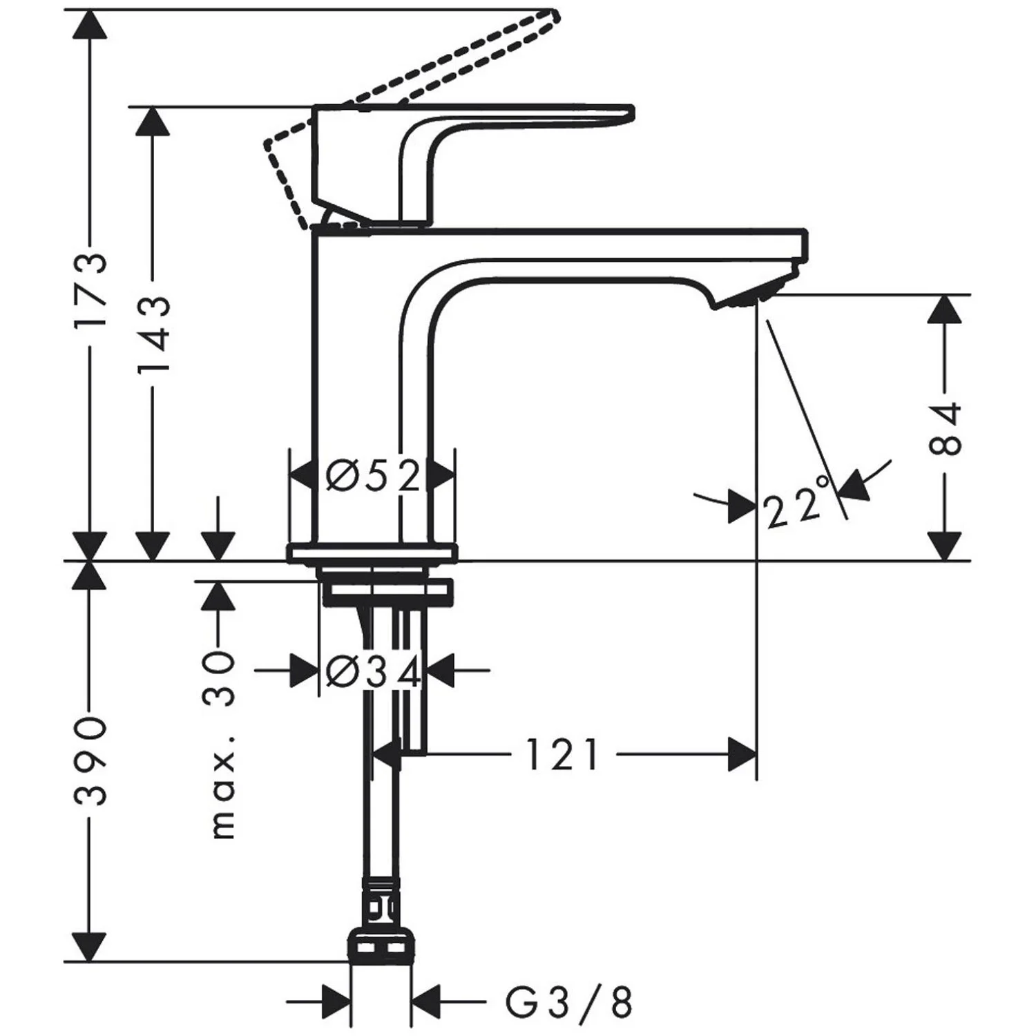 Rysunek techniczny zaworu stojącego z wymiarami, hansgrohe
