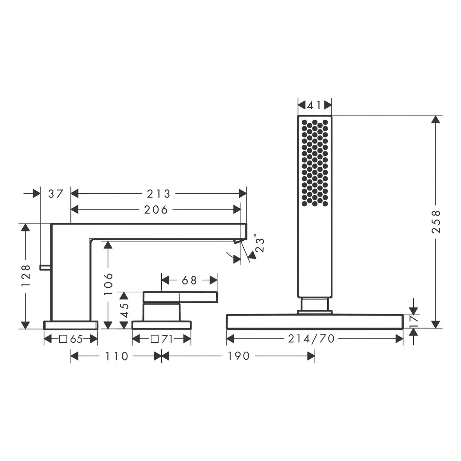 Rysunek techniczny baterii wannowej 3-otworowej z wymiarami, hansgrohe