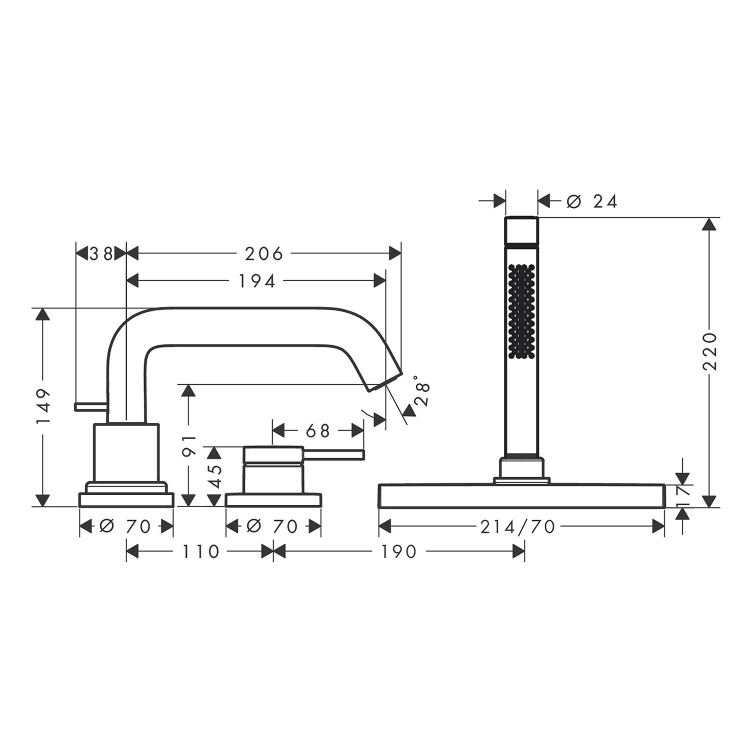 hansgrohe Tecturis S 3-Loch Einhebel-Wannenrandarmatur mit Schlauchbox (sBox) Bild 5
