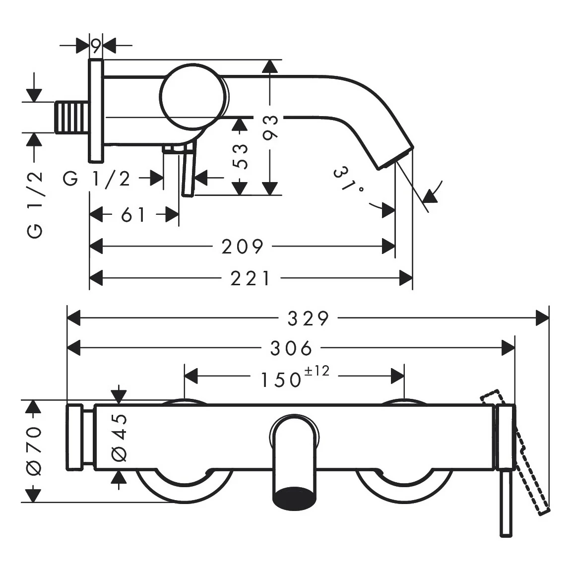 Rysunek techniczny baterii wannowej, hansgrohe