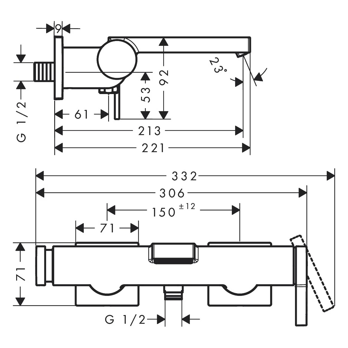 Rysunek techniczny baterii wannowej z wymiarami, hansgrohe