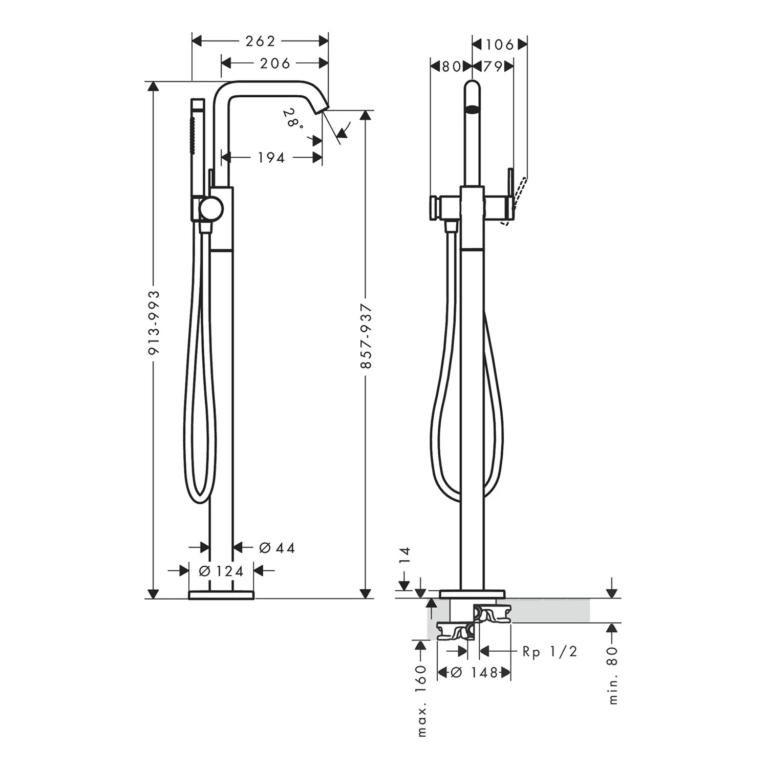 hansgrohe Tecturis S Einhebel-Wannenarmatur bodenstehend Bild 5