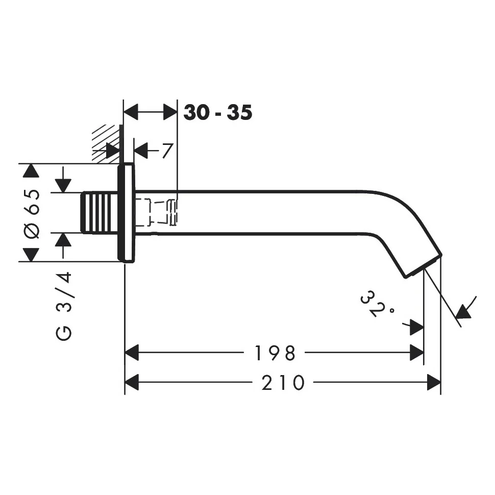 Rysunek techniczny wylewki wannowej z wymiarami, hansgrohe