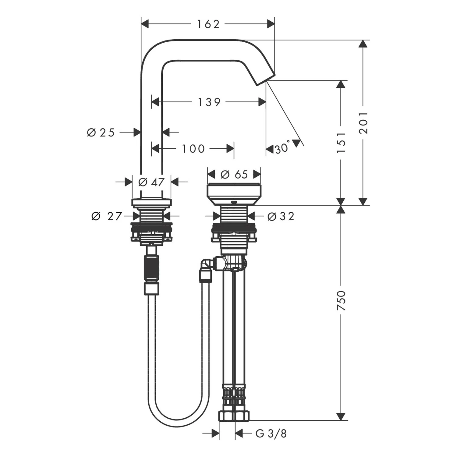 Rysunek techniczny baterii umywalkowej 2-otworowej z wymiarami, hansgrohe