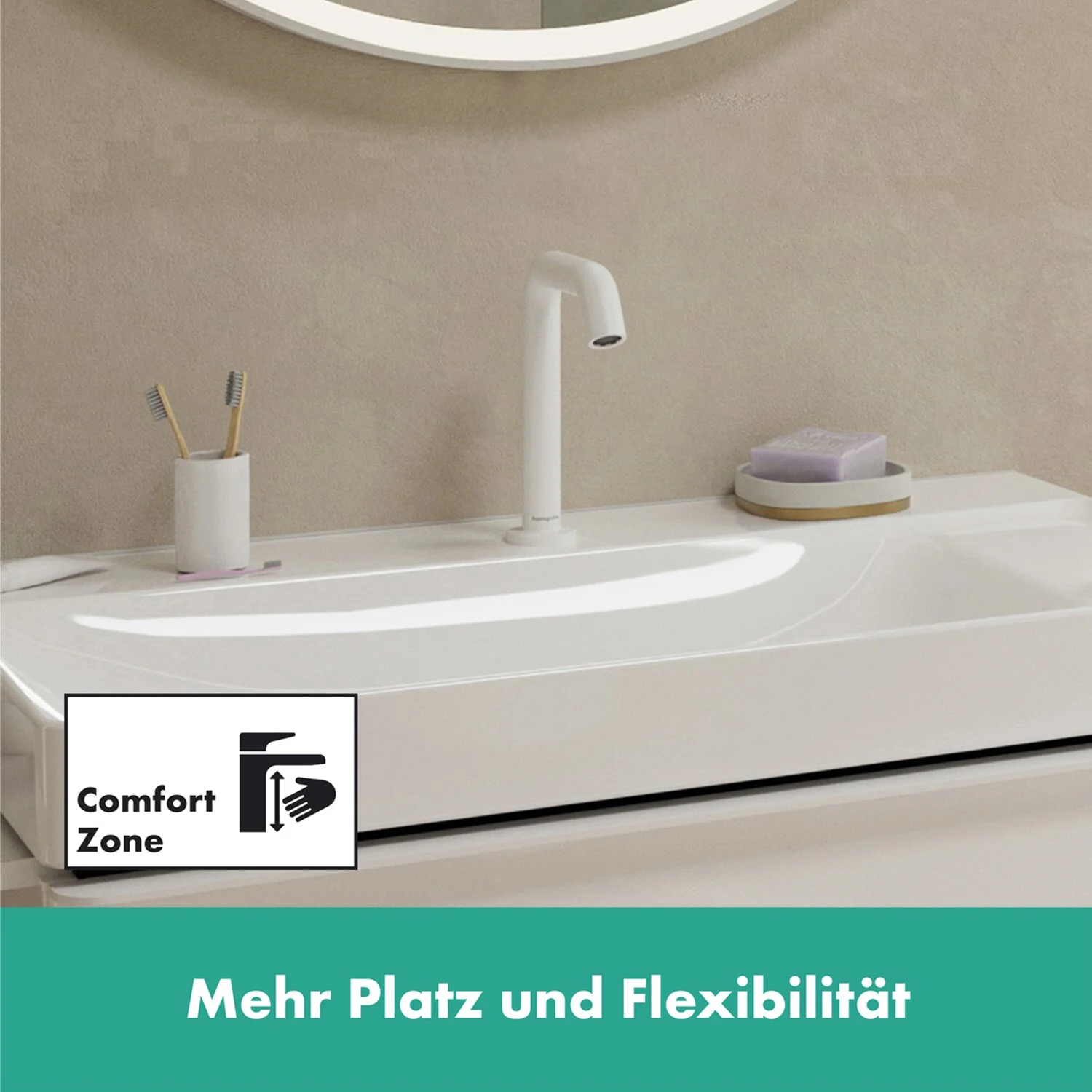 Biały kran na białej umywalce, hansgrohe