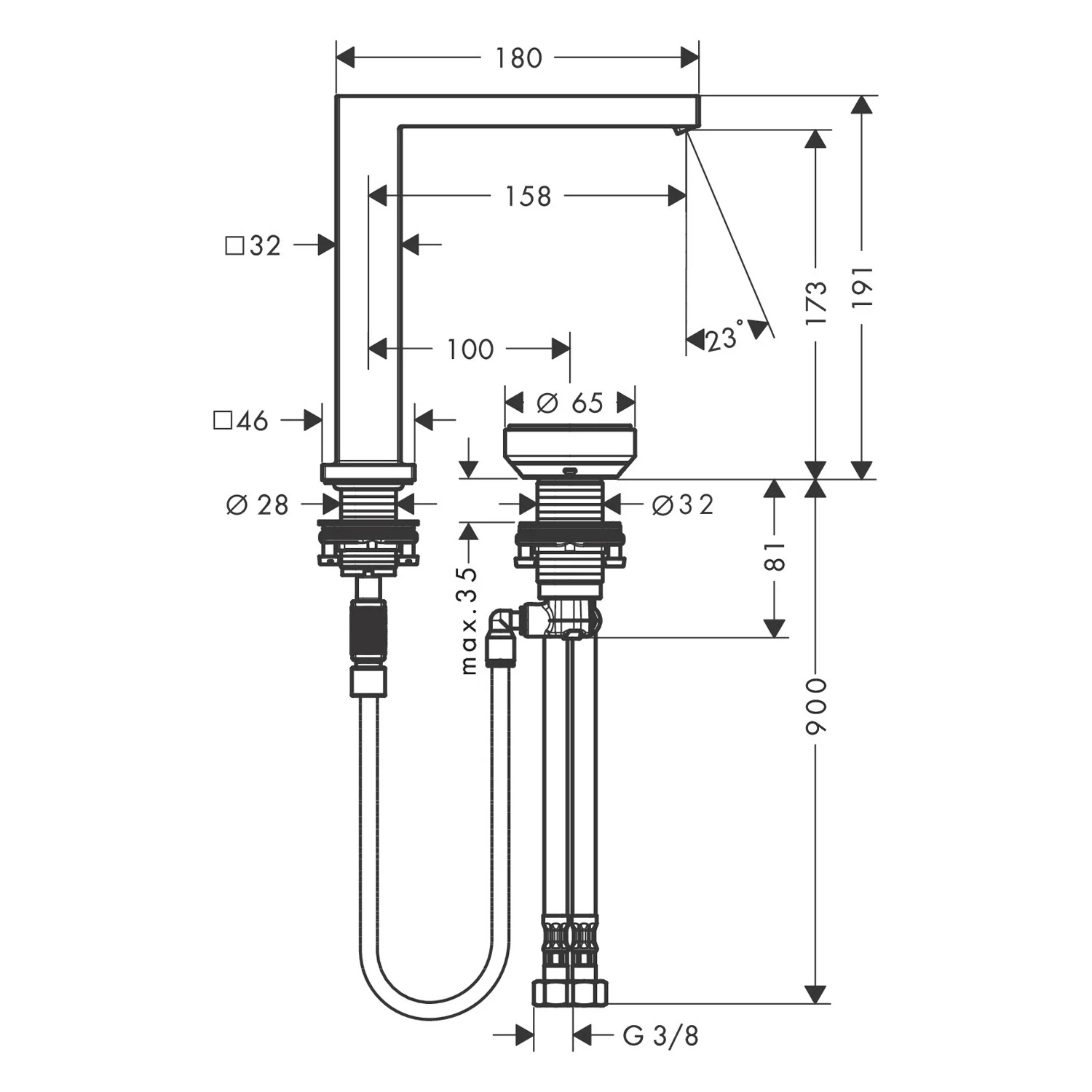 Rysunek techniczny baterii umywalkowej z dwoma otworami, hansgrohe
