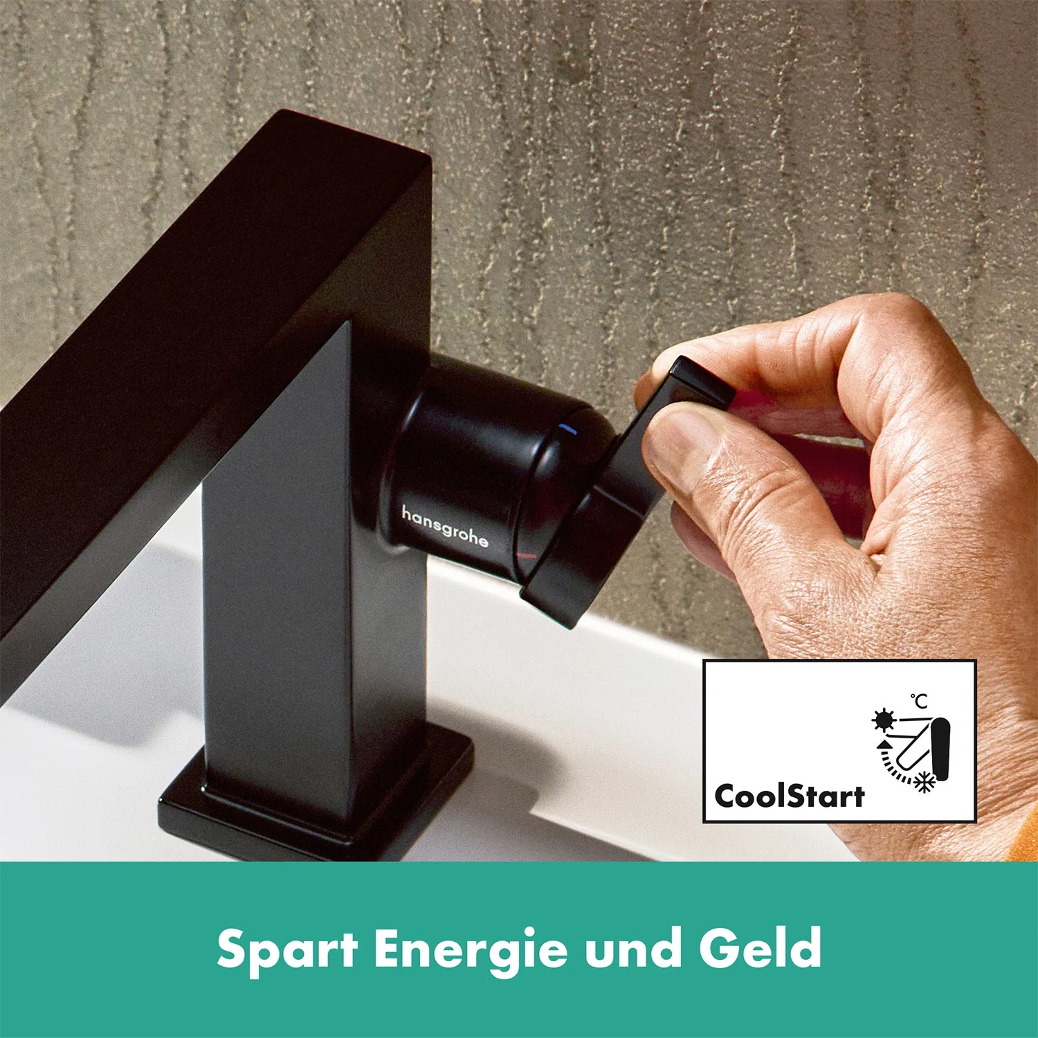 Czarna bateria z funkcją CoolStart przy umywalce, hansgrohe