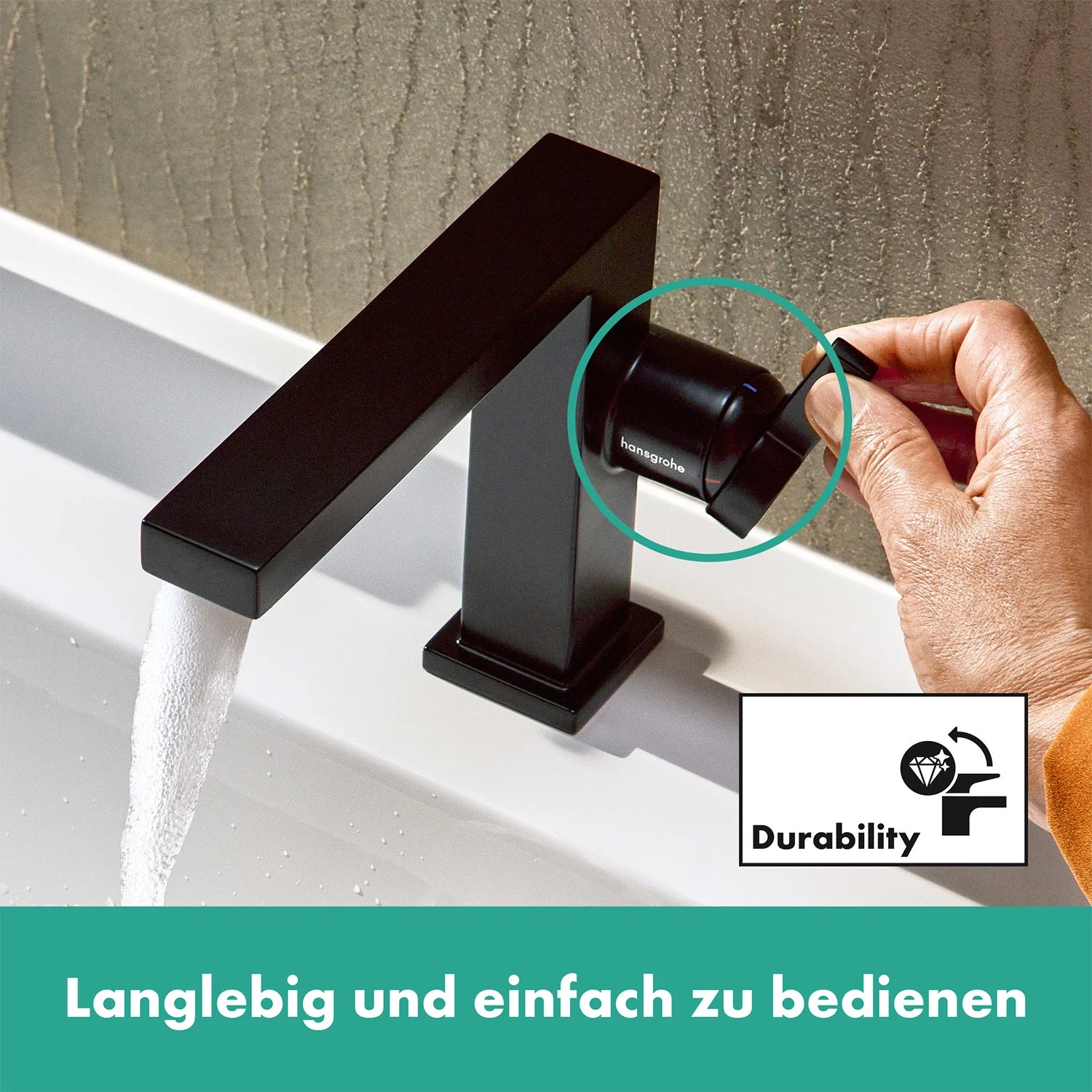 Czarna bateria z funkcją Durability przy umywalce, hansgrohe