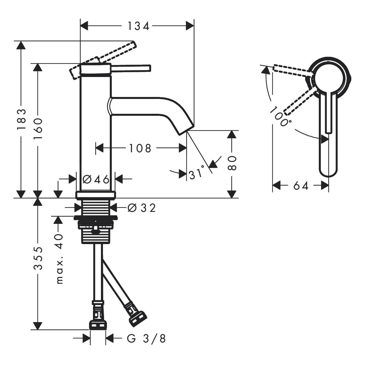 Rysunek techniczny baterii umywalkowej z wymiarami, hansgrohe