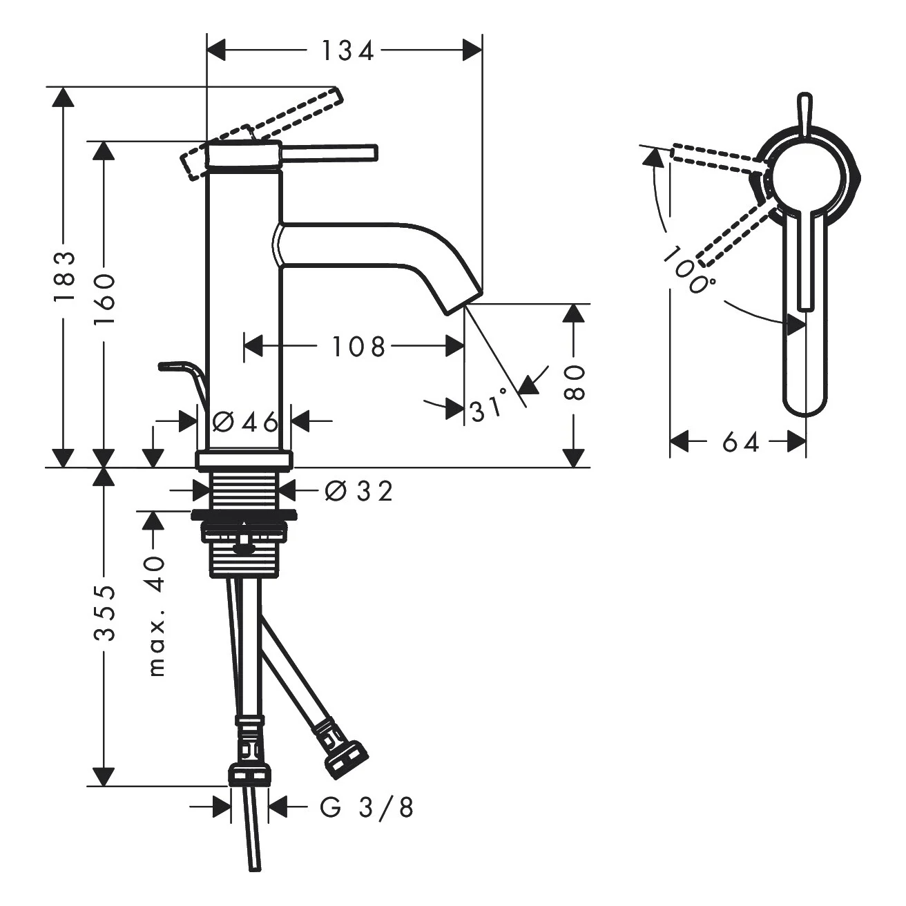 Rysunek techniczny baterii umywalkowej z wymiarami, hansgrohe