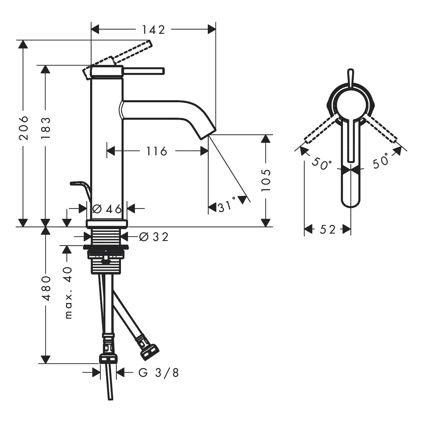 Rysunek techniczny baterii umywalkowej z wymiarami, hansgrohe