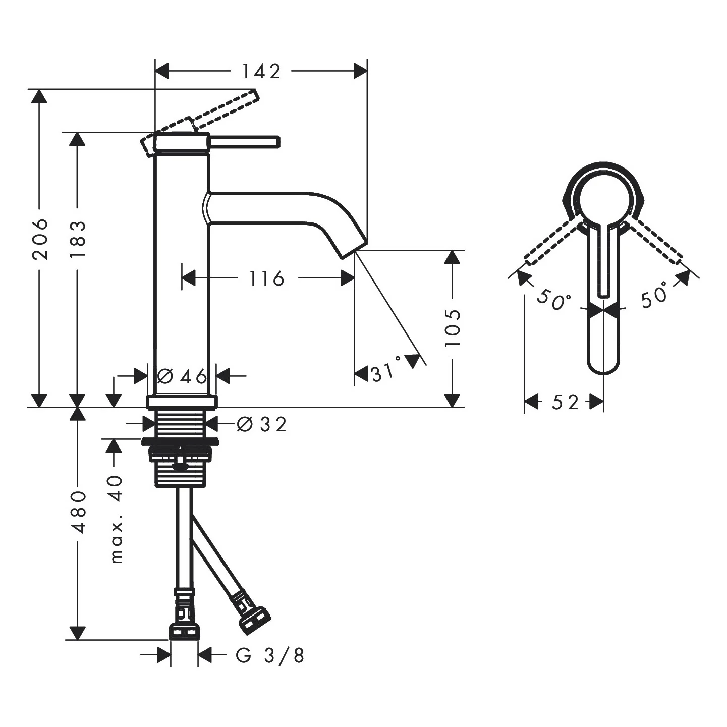 Rysunek techniczny baterii umywalkowej z wymiarami, hansgrohe