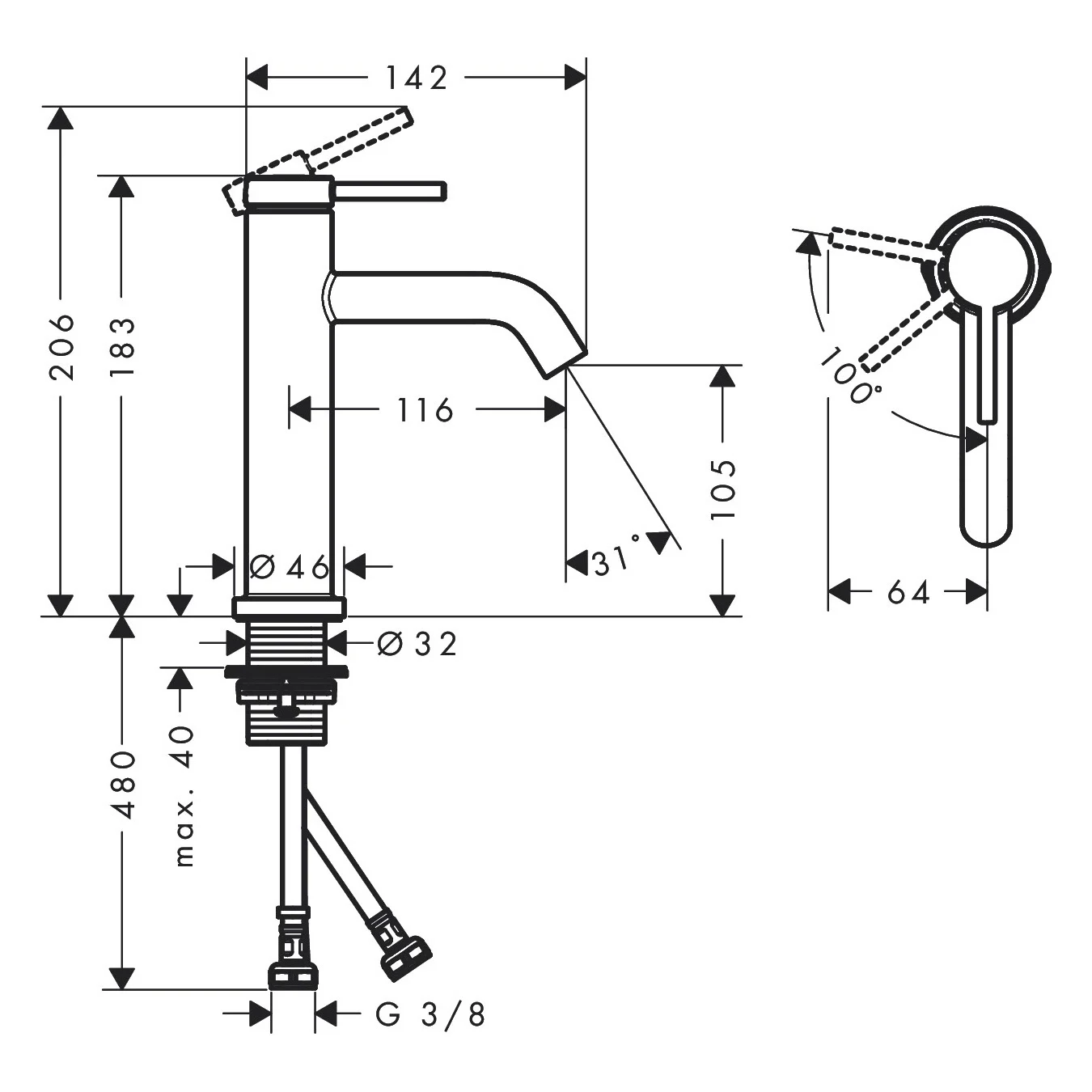 Rysunek techniczny baterii jednouchwytowej z wymiarami, hansgrohe