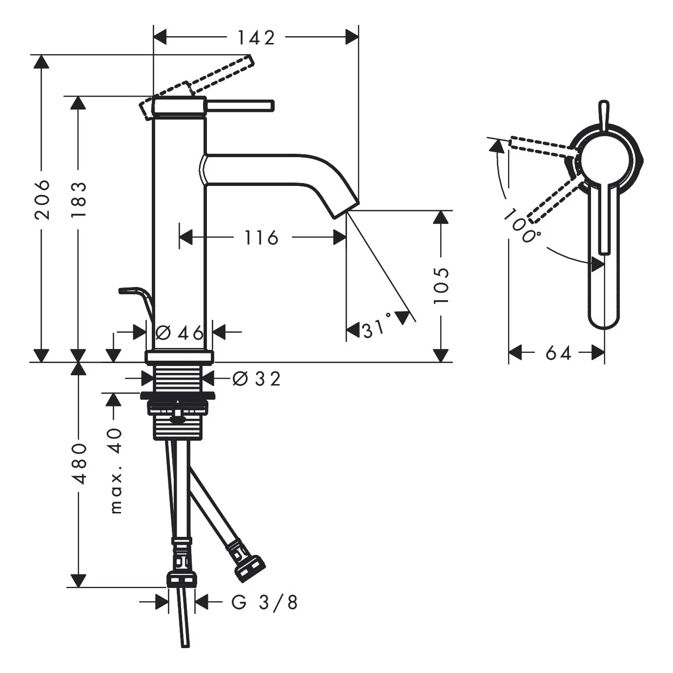 Rysunek techniczny baterii umywalkowej z wymiarami, hansgrohe