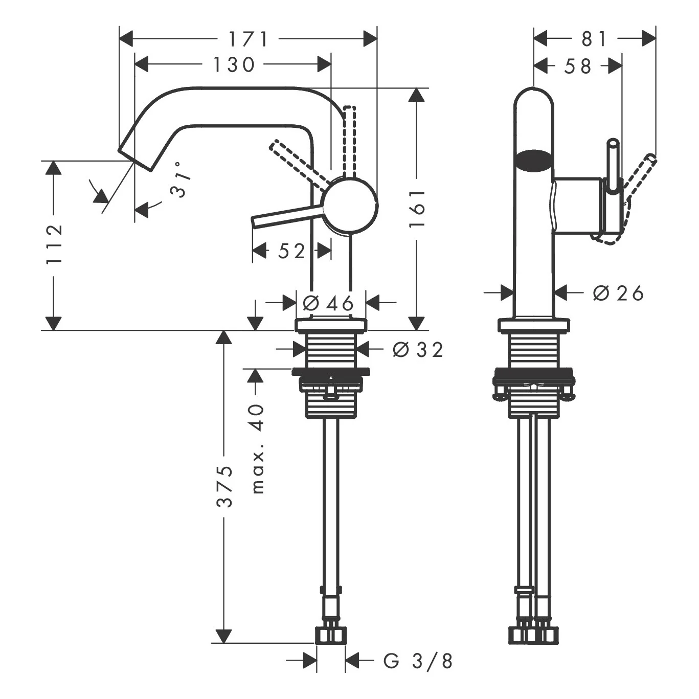 Rysunek techniczny baterii umywalkowej z wymiarami, hansgrohe