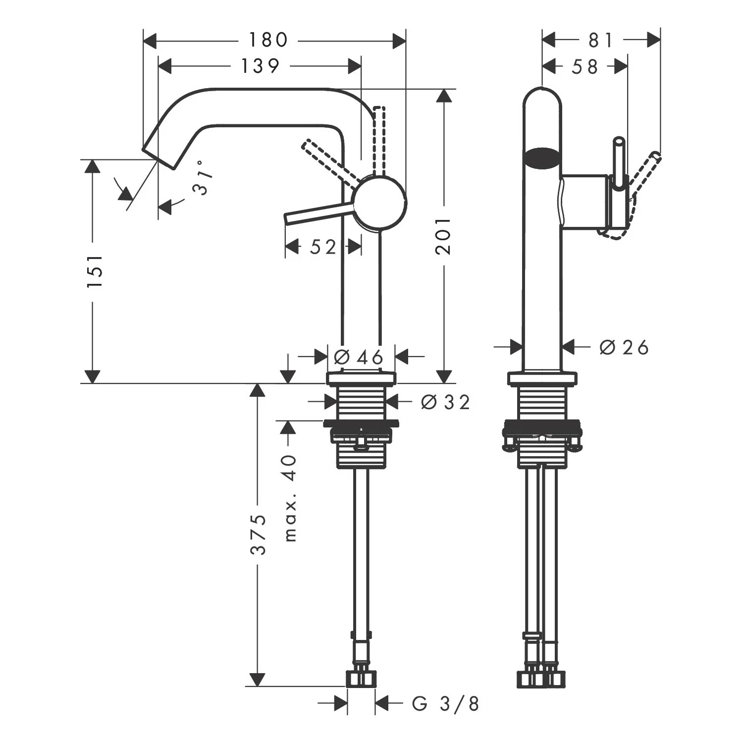 Rysunek techniczny baterii umywalkowej z wymiarami, hansgrohe