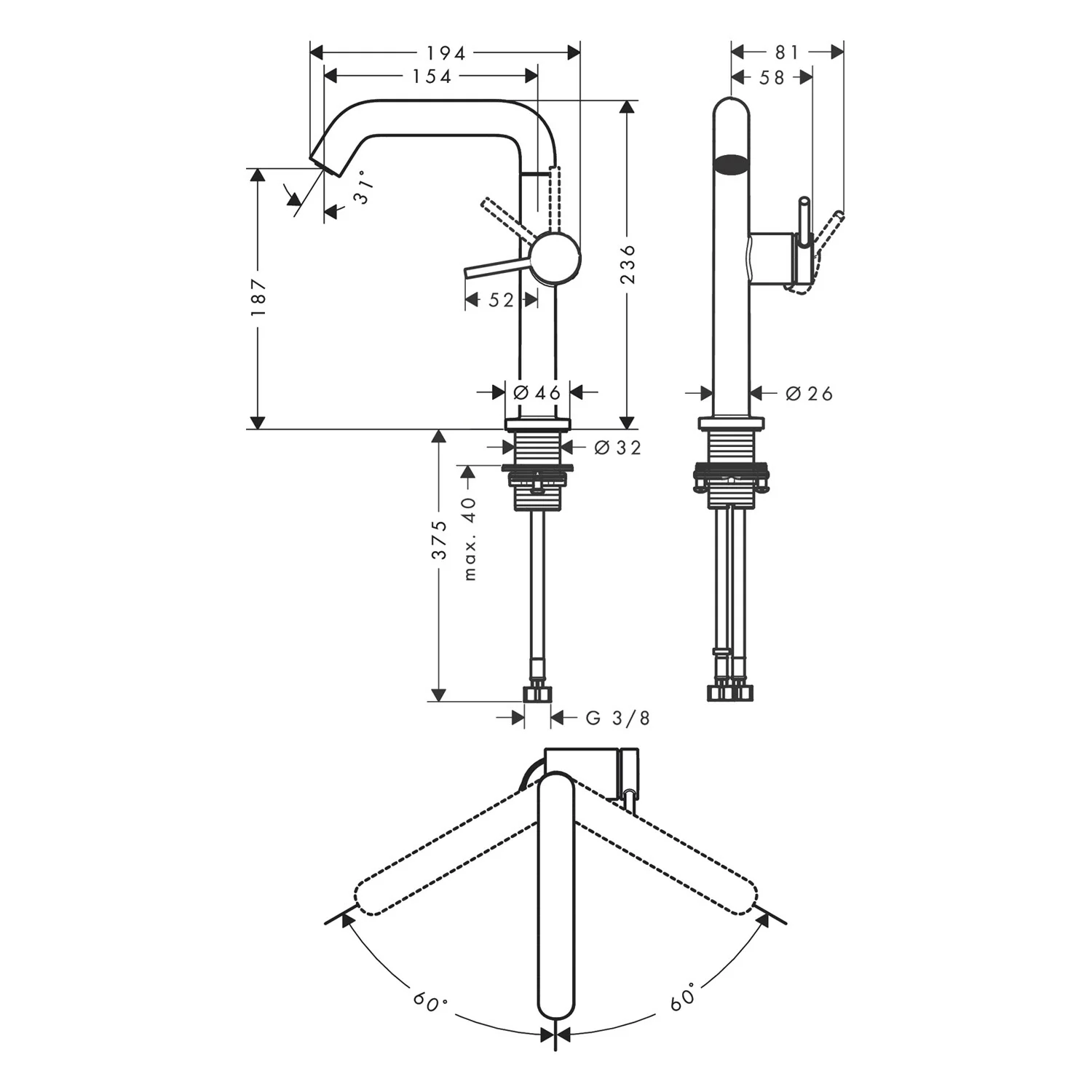 Rysunek techniczny baterii umywalkowej z wymiarami, hansgrohe