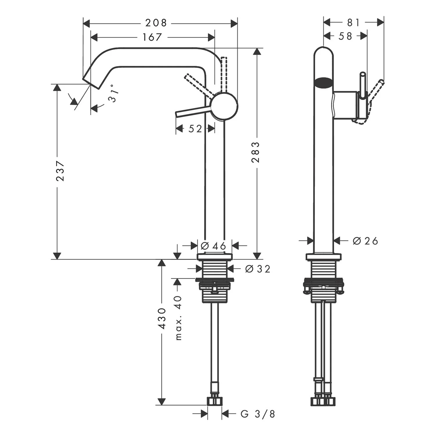 Rysunek techniczny baterii umywalkowej z wymiarami, hansgrohe