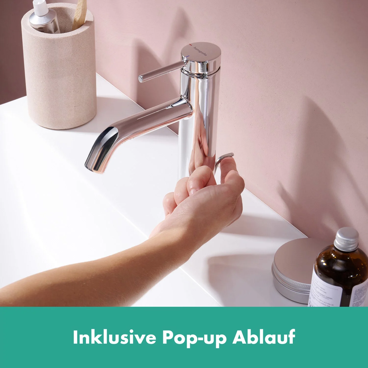 Chromowana bateria umywalkowa z ręką na odpływie pop-up, hansgrohe