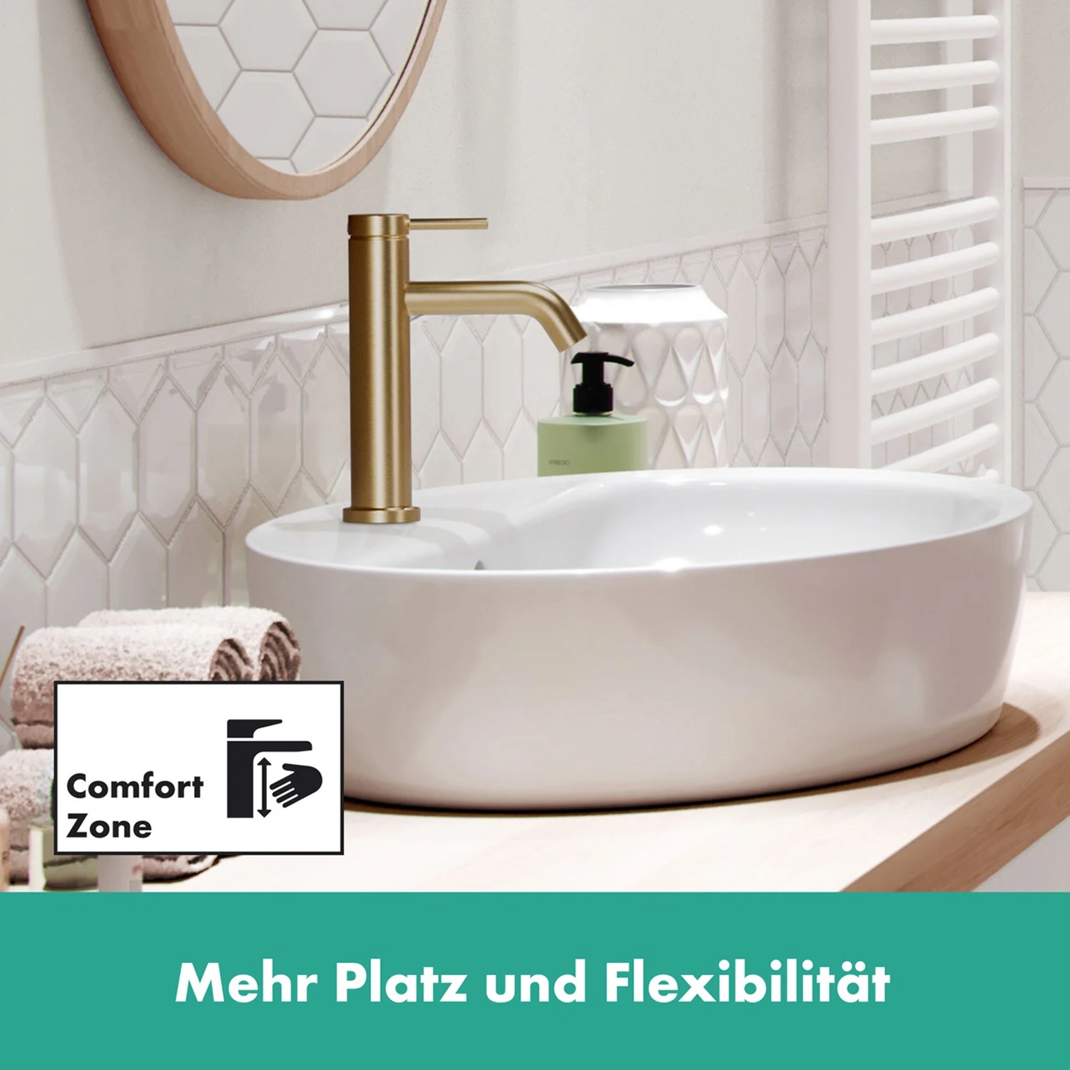 Bateria umywalkowa w łazience z ręcznikami, hansgrohe