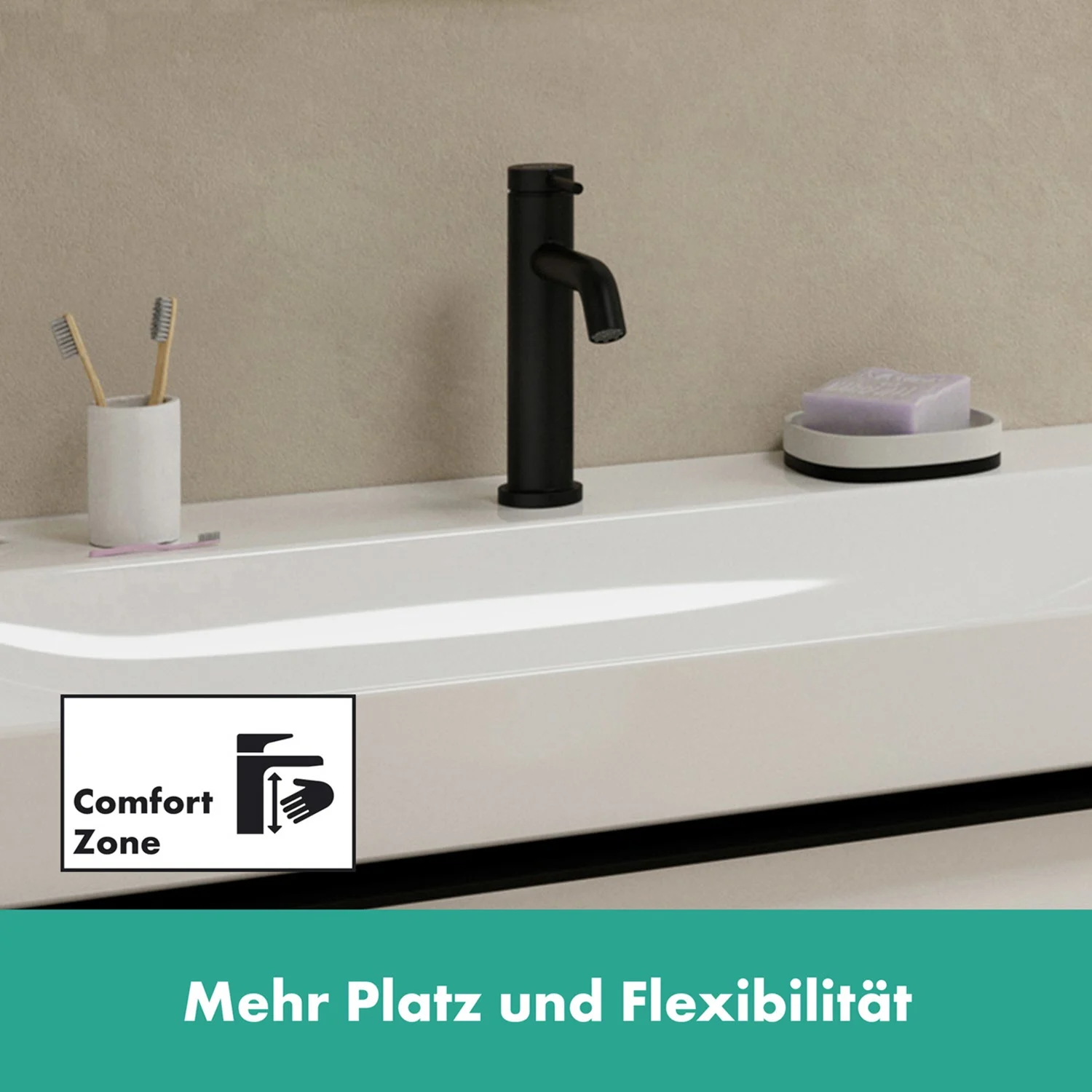 Czarna bateria na umywalce z akcesoriami, hansgrohe