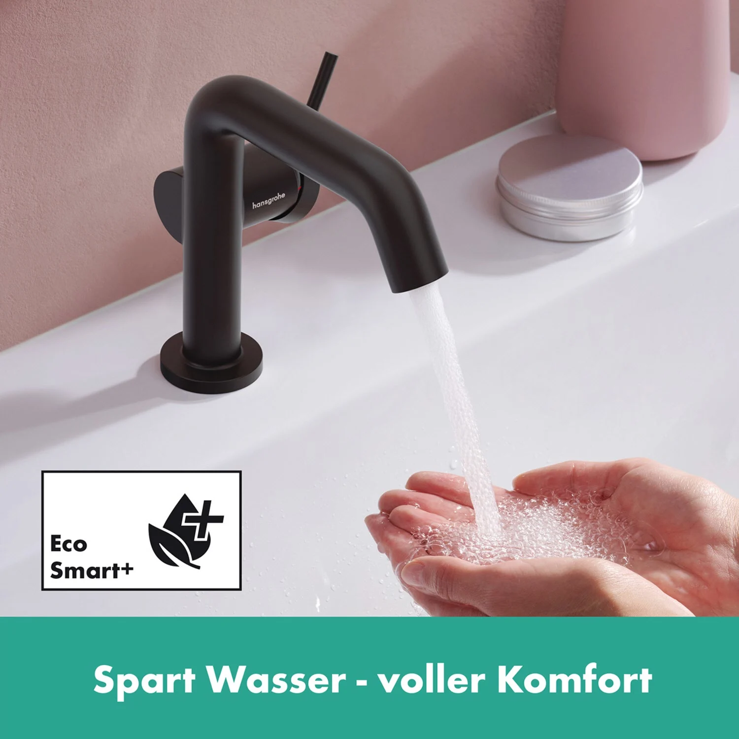 Czarny kran z bieżącą wodą w łazience, hansgrohe